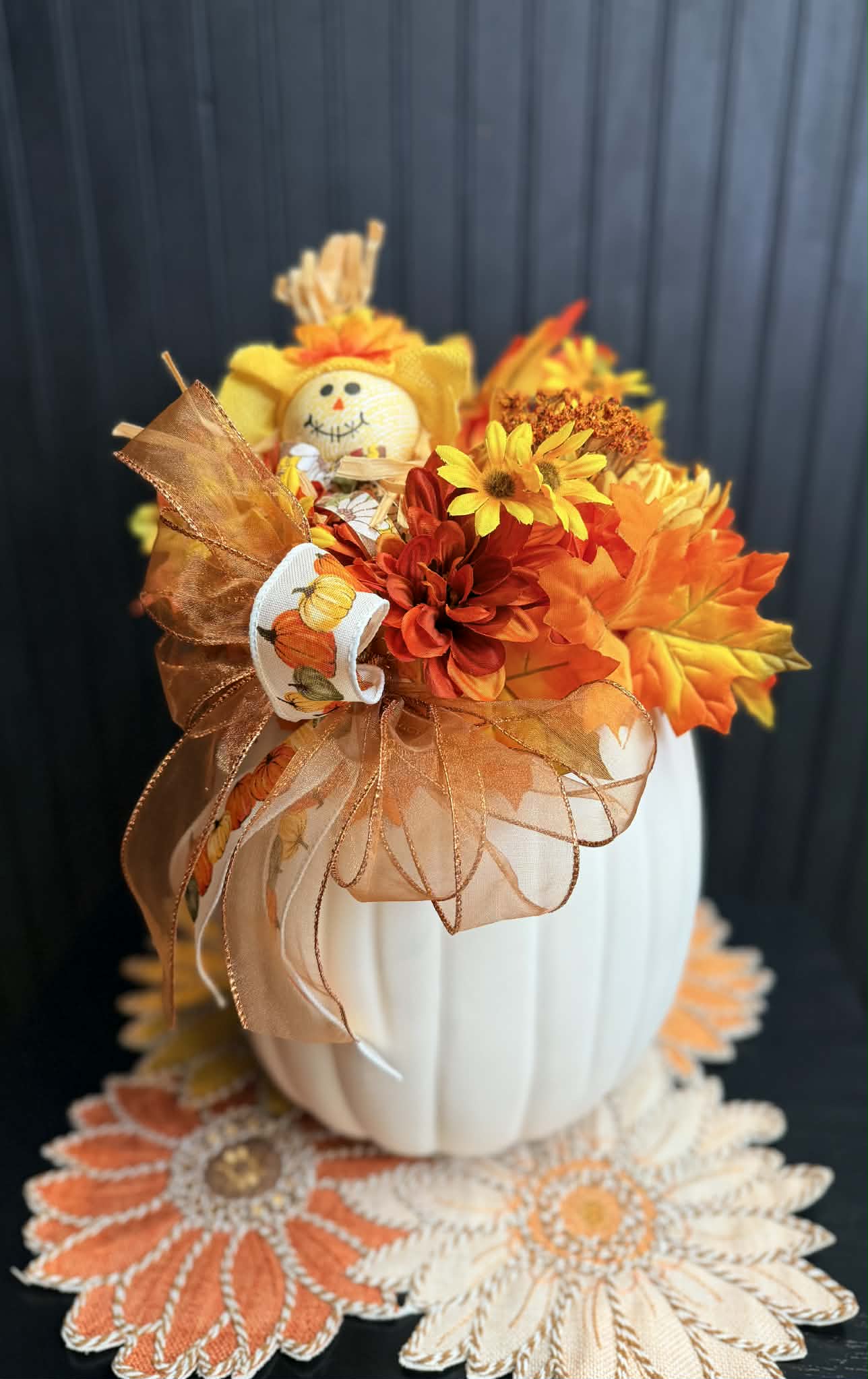 Autumn Scarecrow White Pumpkin Centerpiece