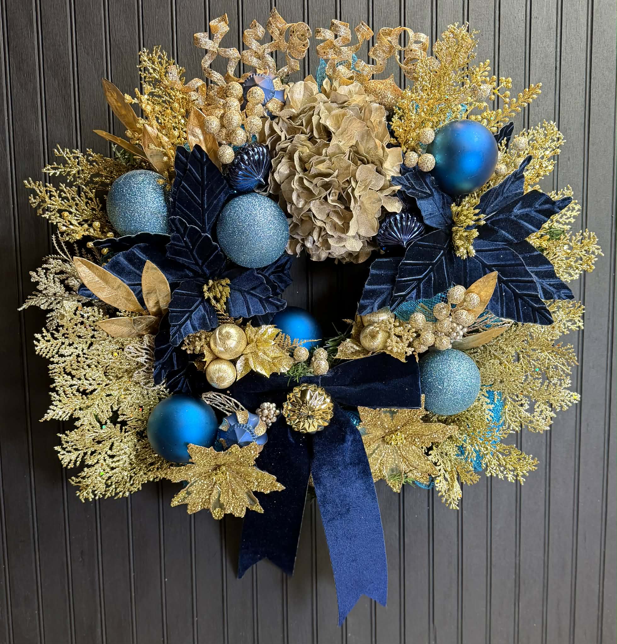 Blue and Gold Velvet Poinsettia and Hydrangea 24" Wreath