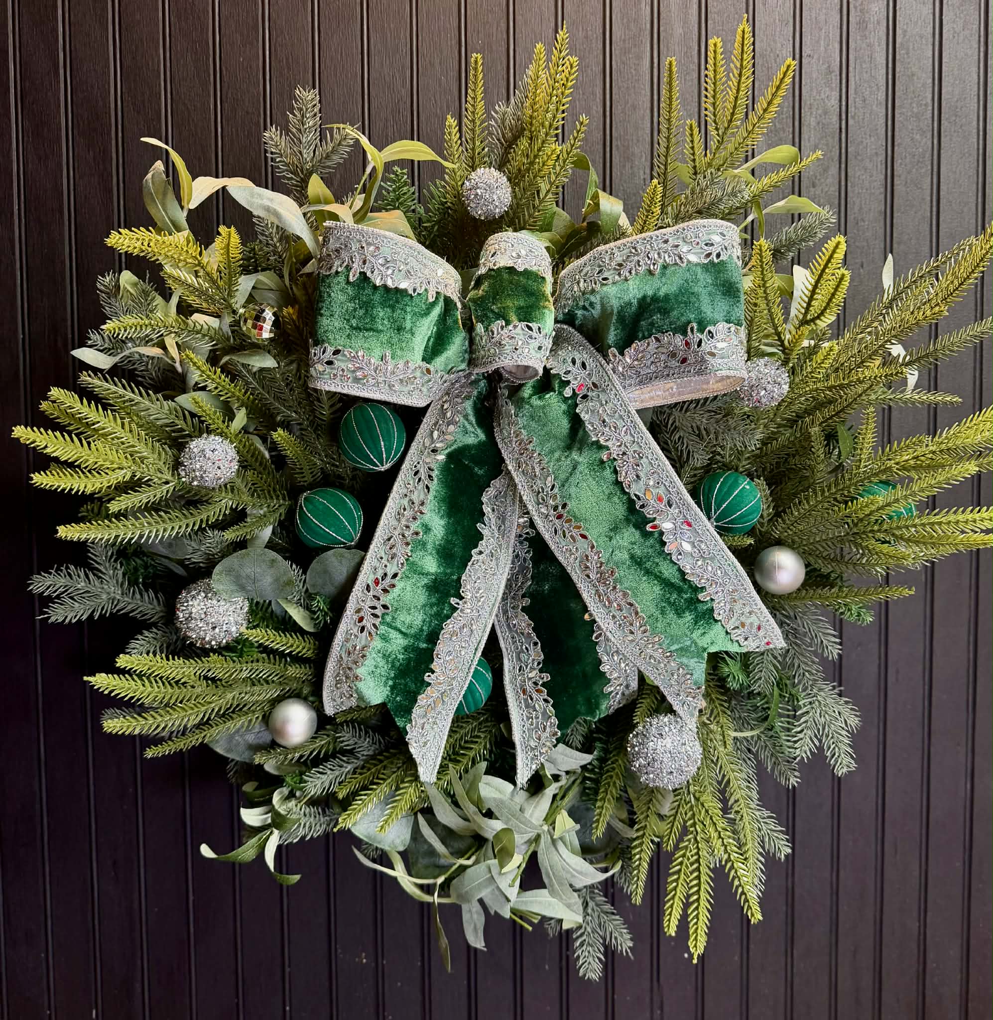 Eucalyptus and Pine 24" Wreath with Elegant Green and Silver Designer Bow and Ornaments