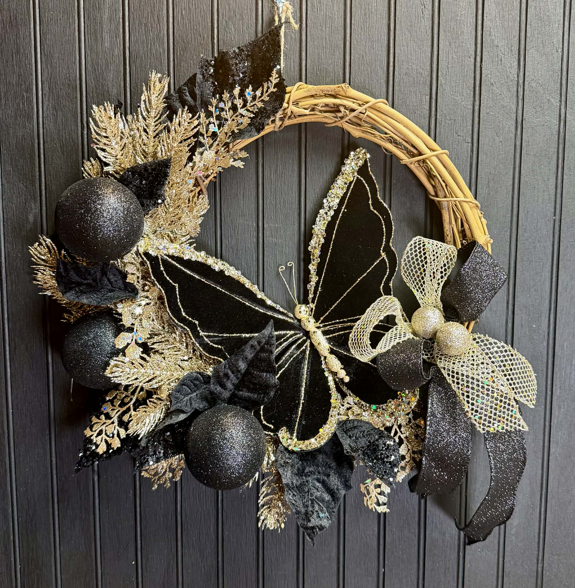 Glistening Black and Gold Grapevine Butterfly 18" Wreath