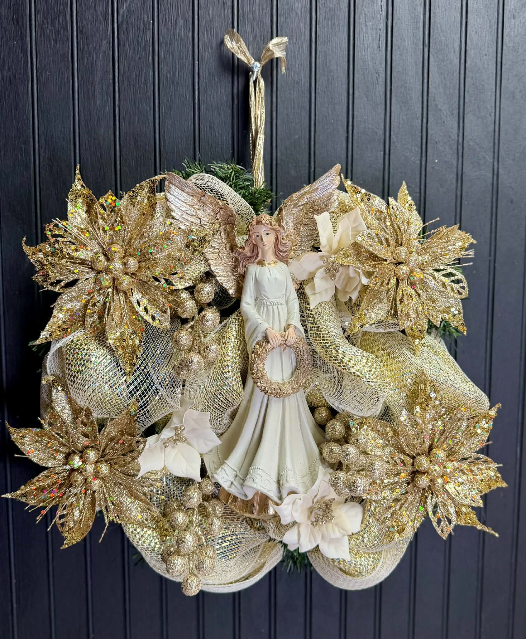 Gold Poinsettia and Angel 18" Wreath
