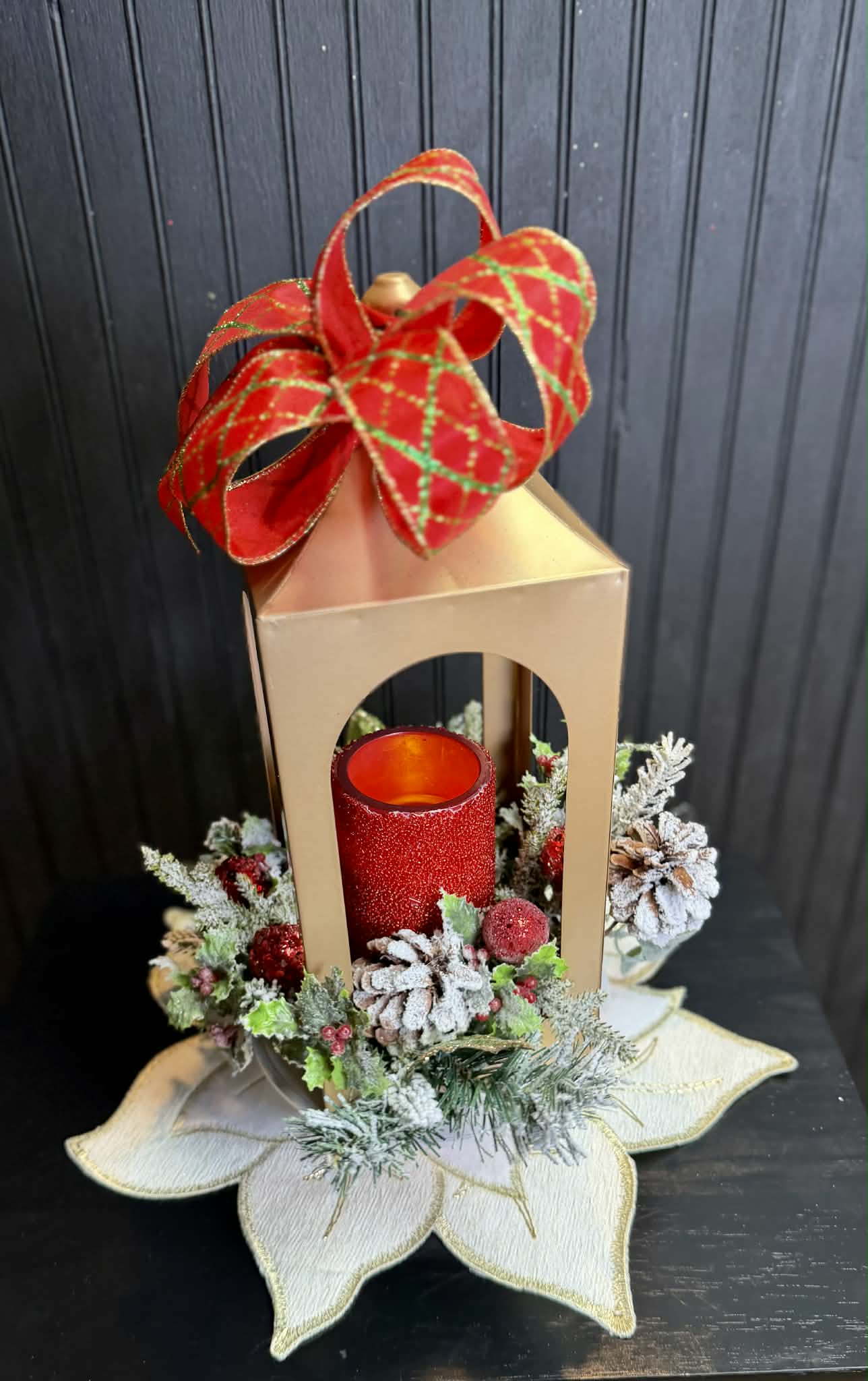 Gold Candle Holder with Frosted White Pinecones and Berries Ornament