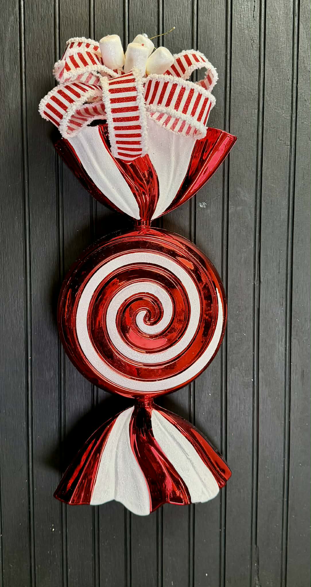 Peppermint Candy with Red & White Striped Ribbon and Marshmallows Ornament
