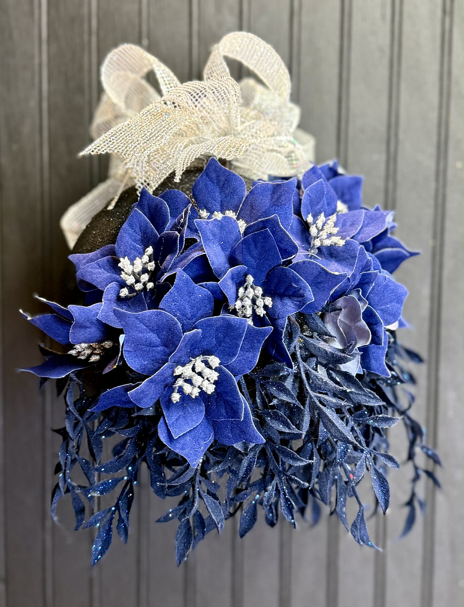Royal Blue Poinsettia with Black Glitter Ornament