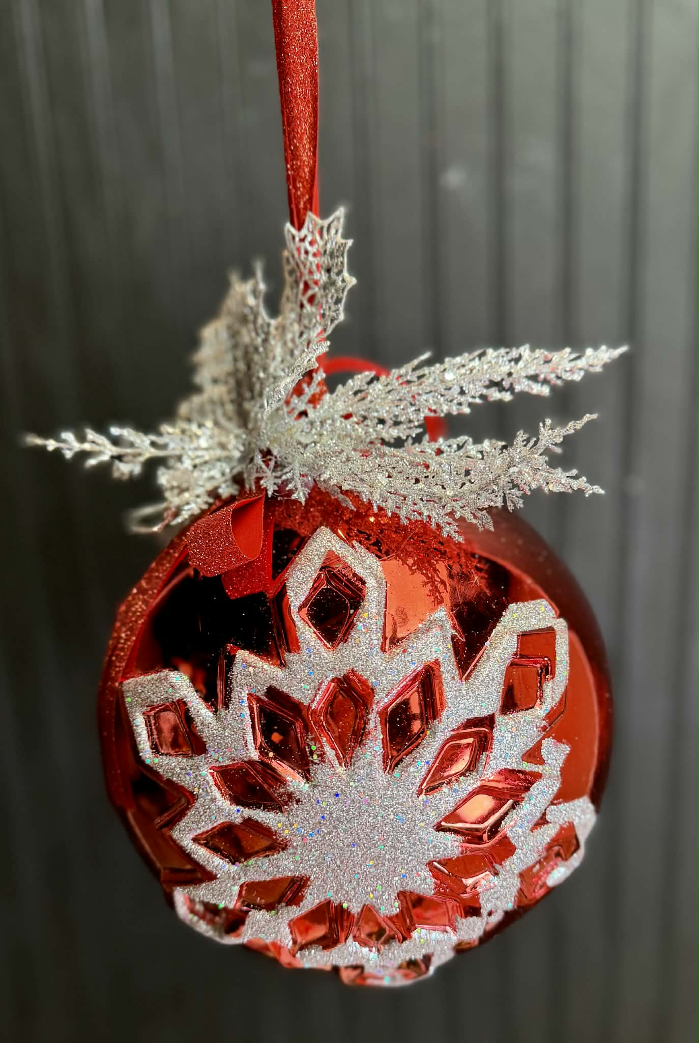 Shiny Red & Silver Snowflake with Silver Sprays Ornament