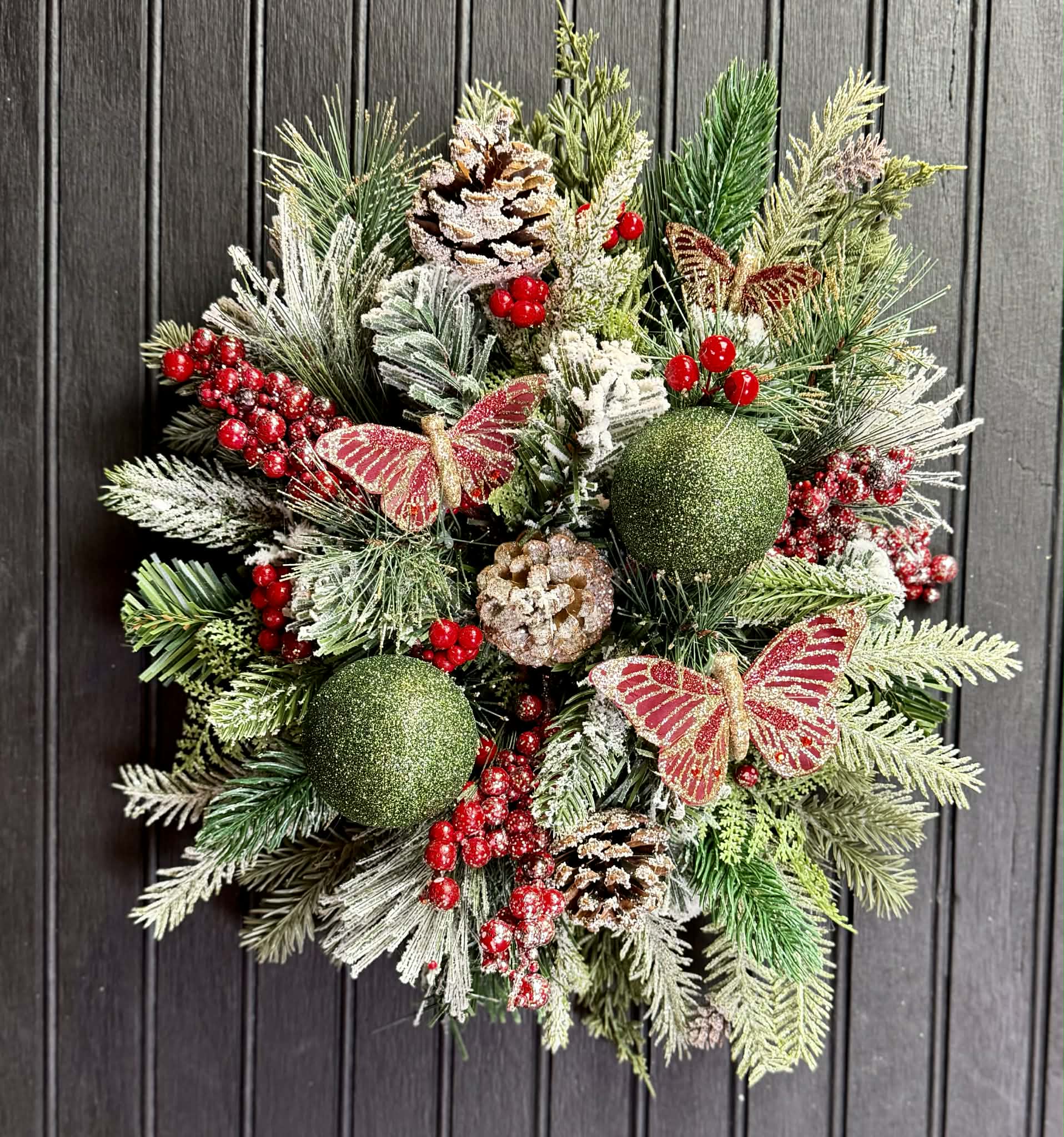 Red Butterfly and Frosted Pine 12" Wreath