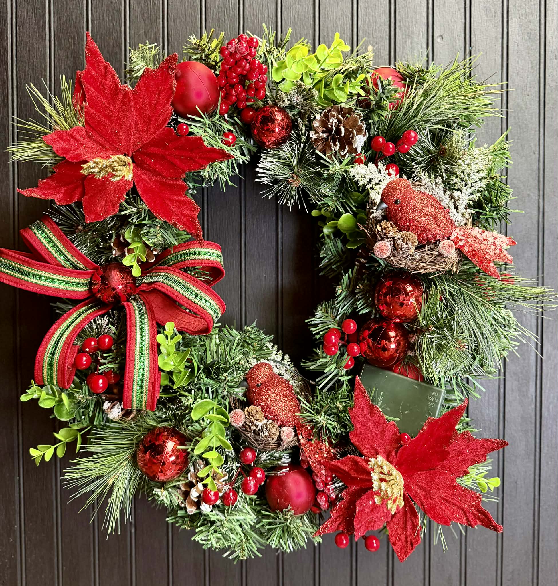 Red Poinsetta and Cardinal Pre-Lit 18" Wreath