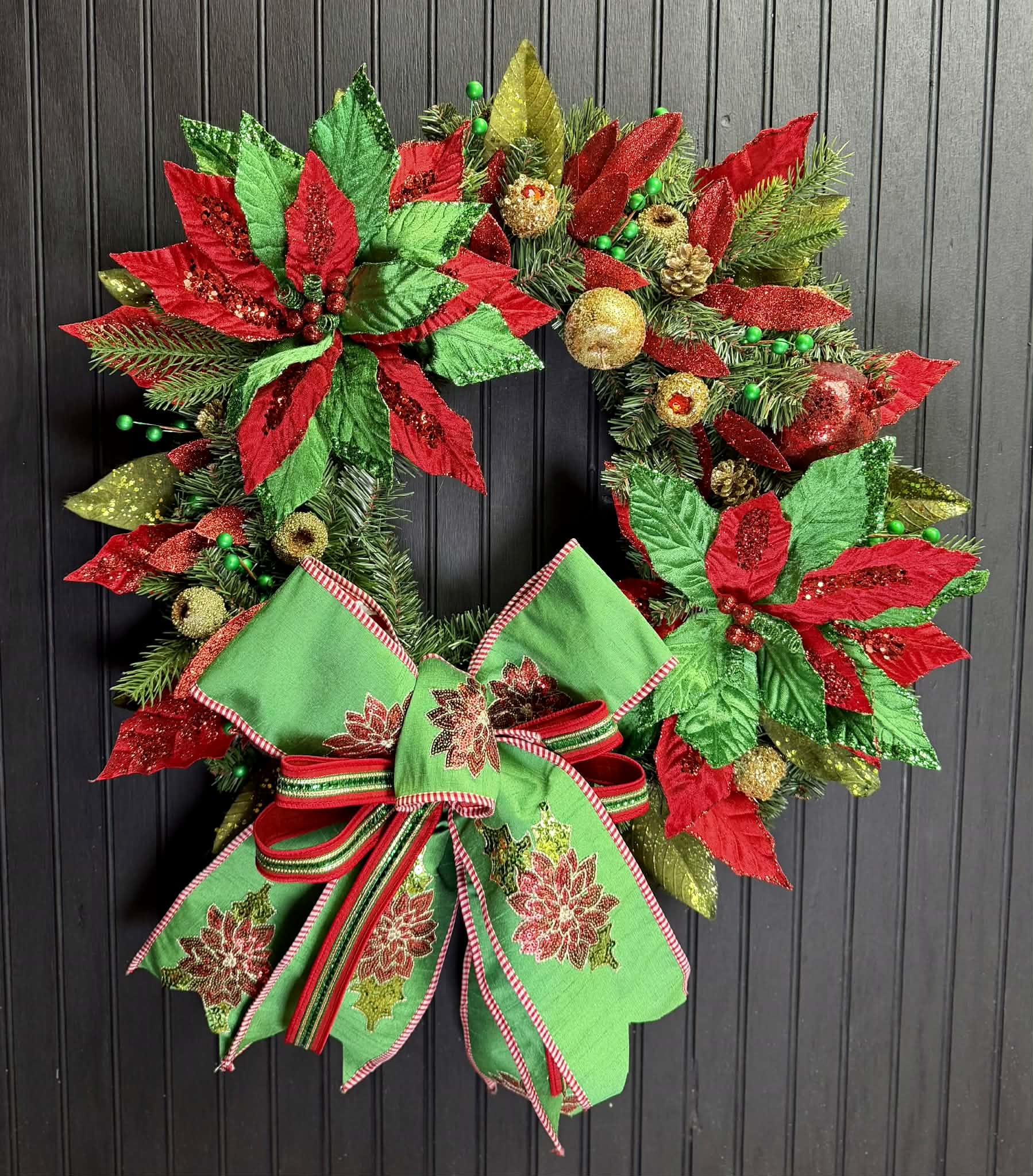 Red and Green Poinsettias and Designer Bow 24" Wreath