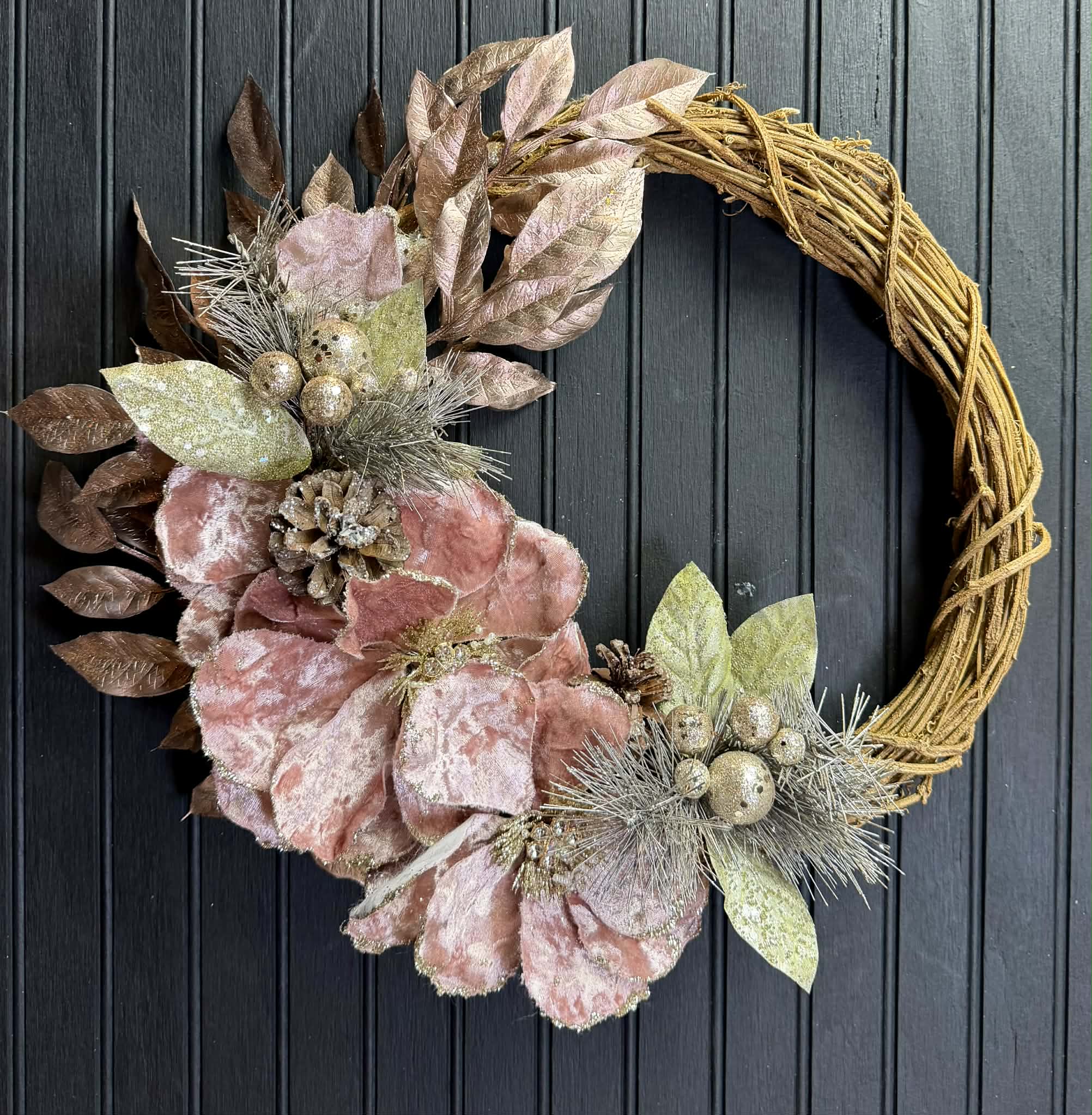 Rose Gold Poinsettia 18" Grapevine Wreath
