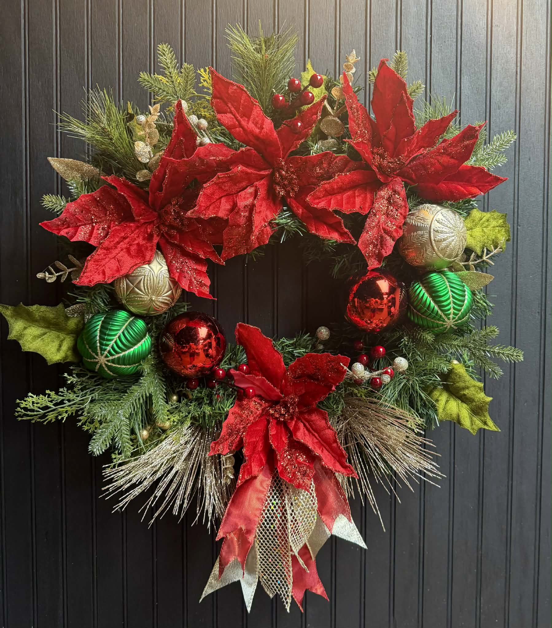 Traditional Red Poinsettia with Christmas Bulbs 24" Wreath