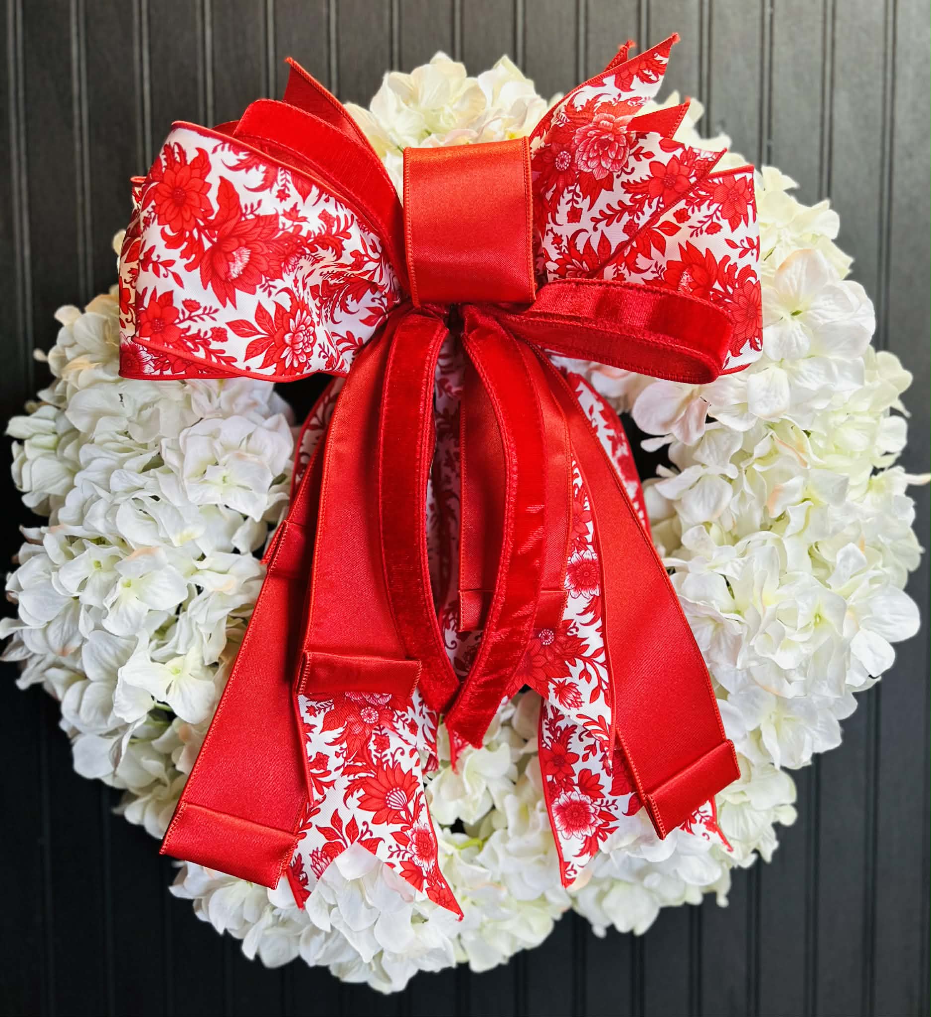 White Hydrangea with Red Designer Bow 24” Wreath